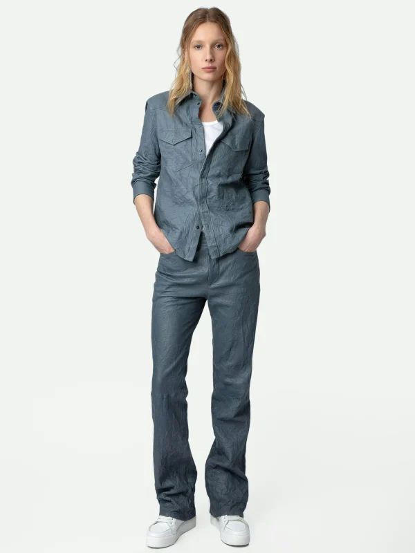 Zadig&Voltaire Thelma Crinkled Leather Shirt Light blue Clearance