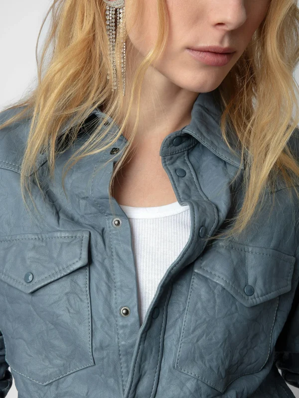 Zadig&Voltaire Thelma Crinkled Leather Shirt Light blue Clearance