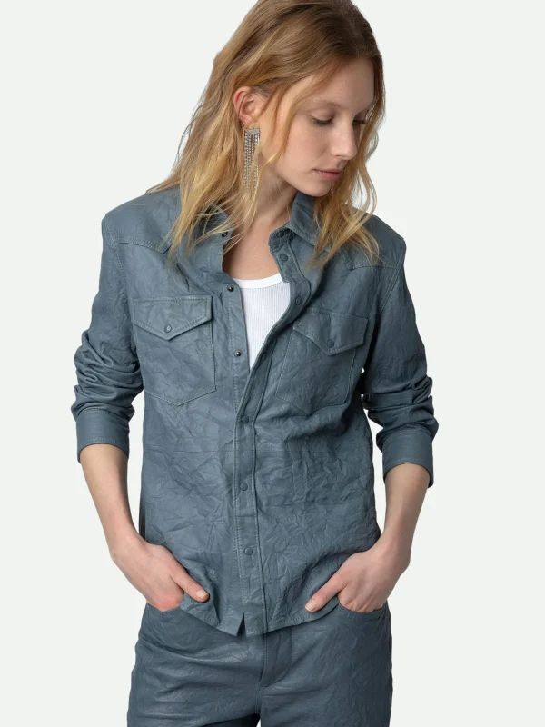 Zadig&Voltaire Thelma Crinkled Leather Shirt Light blue Clearance